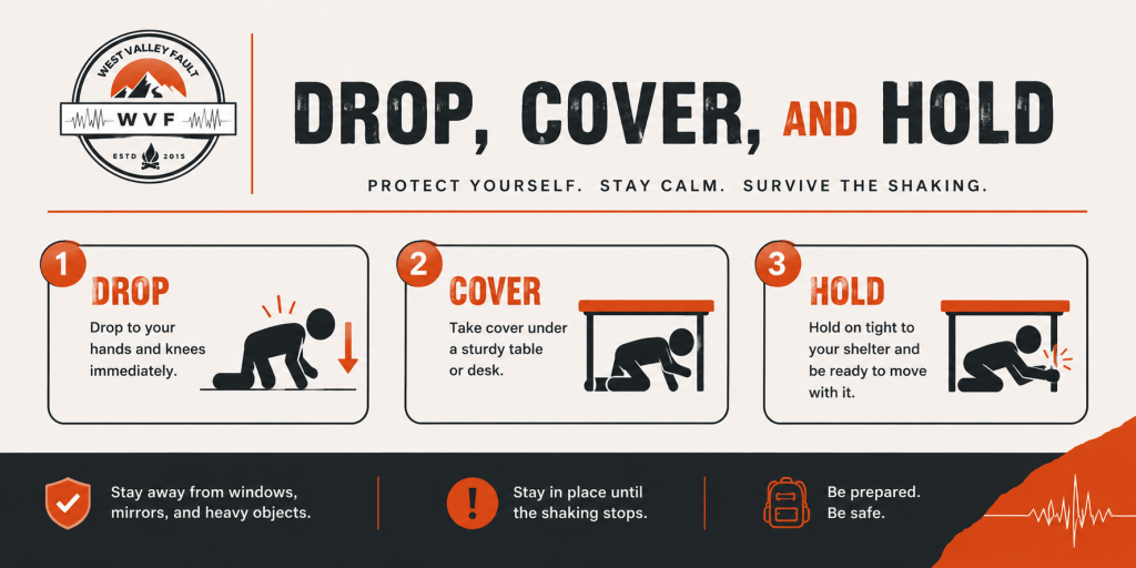 Infographic instructions for earthquake safety: 'Drop, Cover, and Hold.' Steps include dropping to hands and knees, taking cover under a sturdy table or desk, and holding tight until shaking stops. Warnings about staying away from windows, mirrors, and heavy objects.