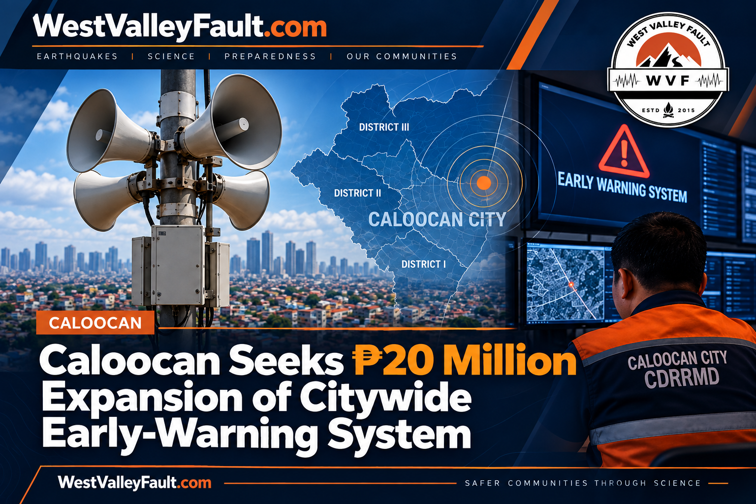 WVF editorial graphic showing Caloocan City, warning sirens, district mapping and an emergency operations center for a report on the city’s ₱20-million early-warning system expansion.
