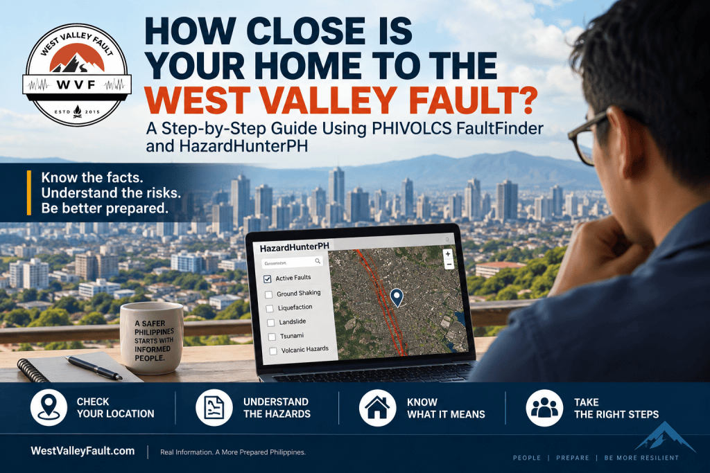 Featured image for a WestValleyFault.com guide showing a homeowner reviewing HazardHunterPH on a laptop, with a Metro Manila skyline and earthquake hazard information.
