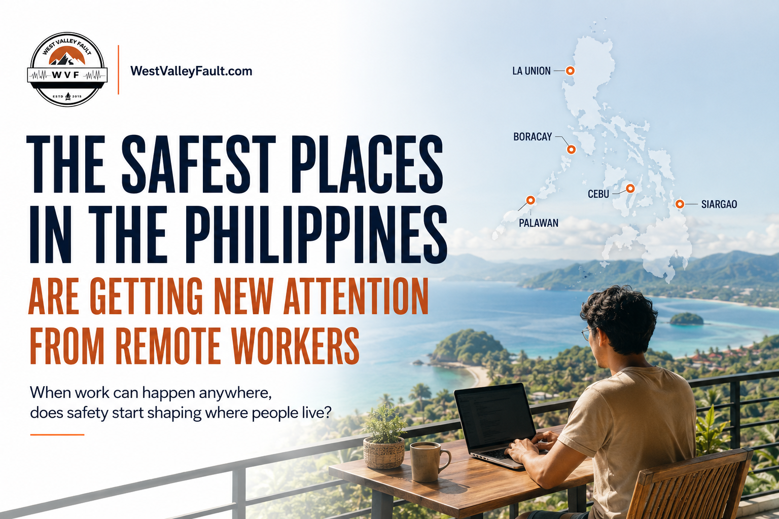 Remote worker using a laptop while overlooking a Philippine coastal destination, illustrating the growing ability of online workers to choose where they live and the role perceived safety may play in that decision.