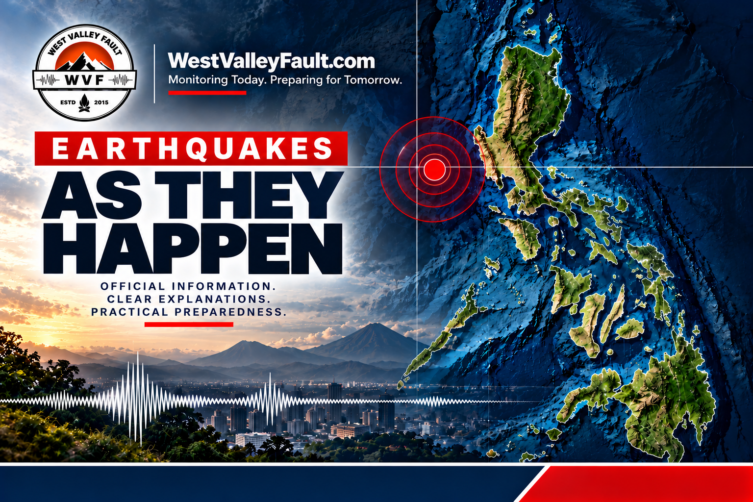 WestValleyFault.com Earthquakes as They Happen news cover featuring a Philippine relief map, red seismic epicenter rings, earthquake waveform and WVF branding.