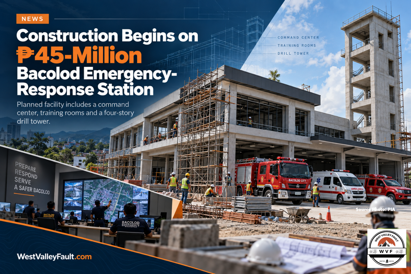 Conceptual view of the ₱45-million Bacolod emergency-response station under construction, showing the planned command center, response-vehicle bays and four-story drill tower.