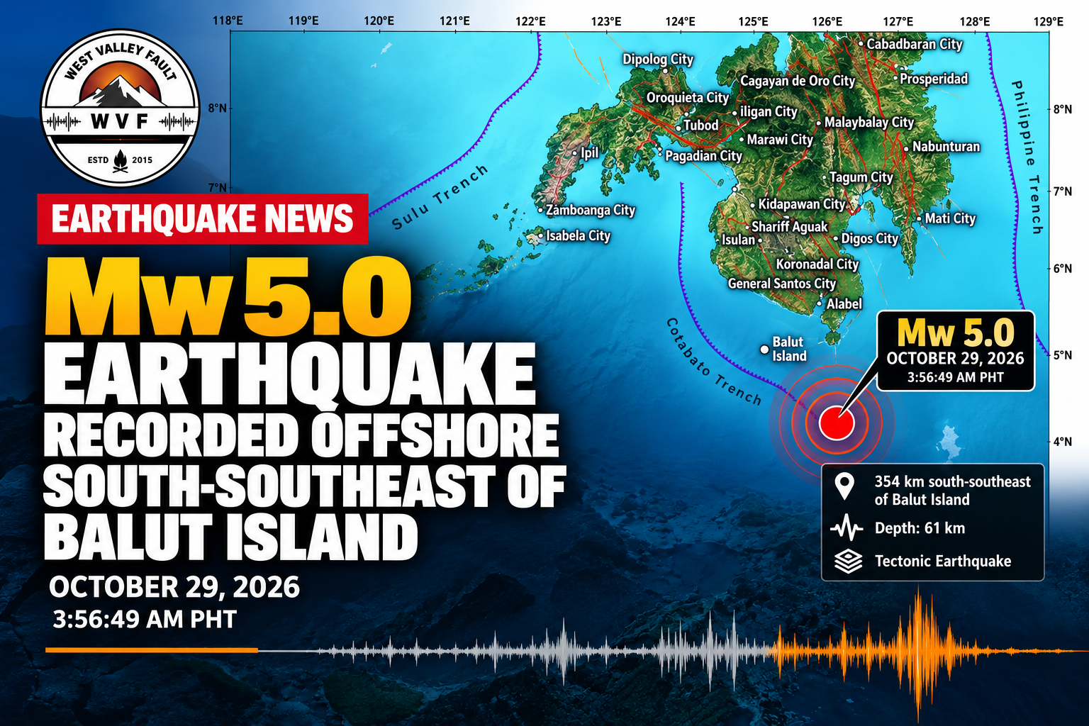 WVF earthquake news graphic showing the October 29, 2026 Mw5.0 tectonic earthquake 354 km south-southeast of Balut Island, Davao Occidental, at a depth of 61 km.