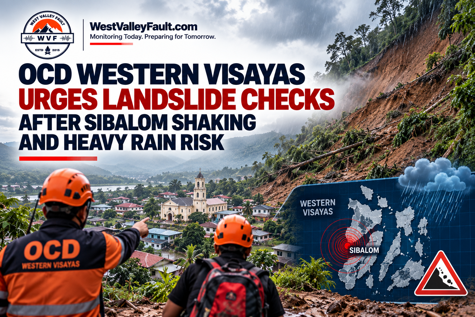 WVF news illustration showing disaster responders assessing a rain-soaked hillside near a community, highlighting OCD Western Visayas' call for landslide risk checks following Sibalom shaking and heavy rainfall.
