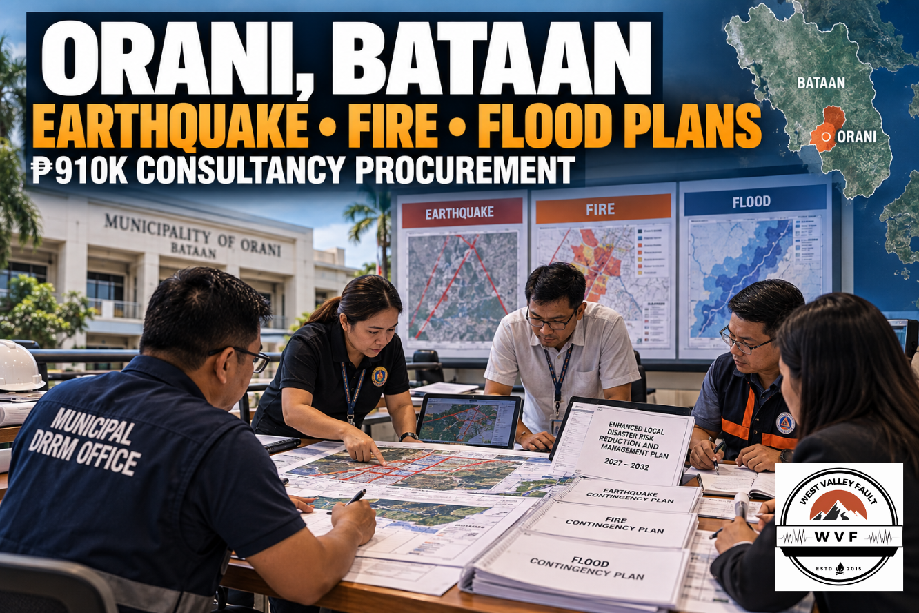 Editorial illustration of Orani, Bataan officials and consultants reviewing disaster-risk maps and plans for earthquake, fire and flood preparedness under a ₱910,000 consulting-services procurement.