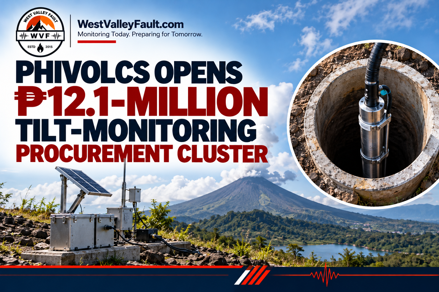WestValleyFault.com news cover illustrating PHIVOLCS tilt-monitoring equipment, including a borehole tiltmeter, field monitoring station, and volcano monitoring landscape, for a ₱12.1-million procurement cluster.
