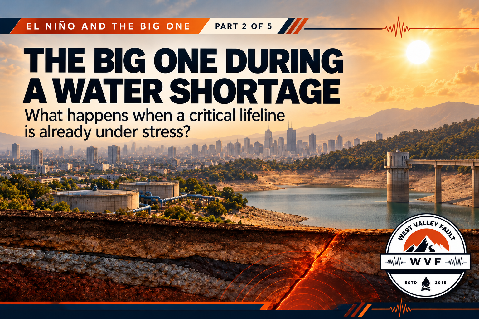 El Niño and the Big One Part 2 cover showing a drought-stressed Metro Manila water system above an illustrated seismic fault, representing earthquake response during water stress.