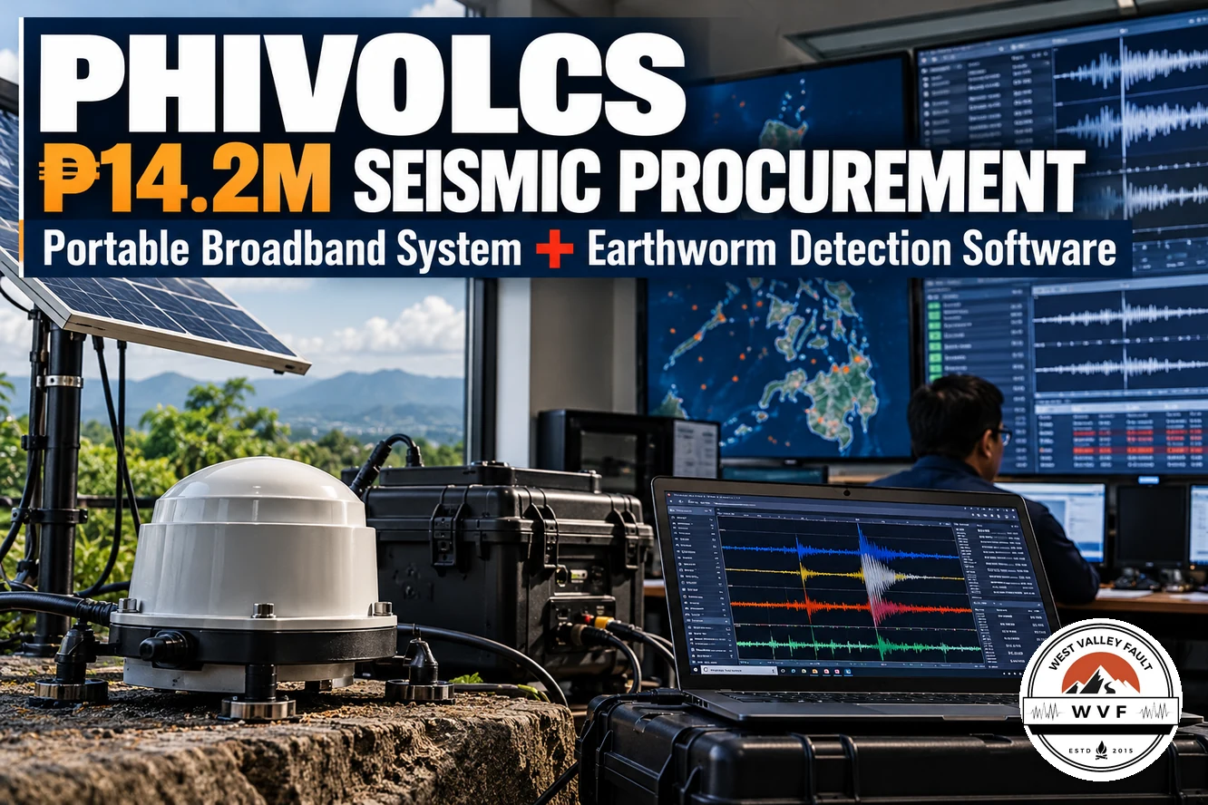 Editorial illustration of a portable broadband seismic system and earthquake-detection software interface representing PHIVOLCS’ ₱14.2-million procurement for seismic monitoring and autodetection capability.