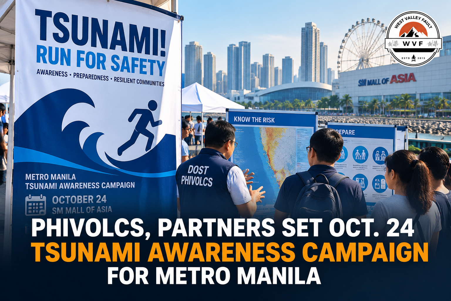 WVF editorial graphic showing a Metro Manila tsunami-awareness campaign at the SM Mall of Asia waterfront, with DOST-PHIVOLCS personnel, preparedness displays and the October 24 event details.