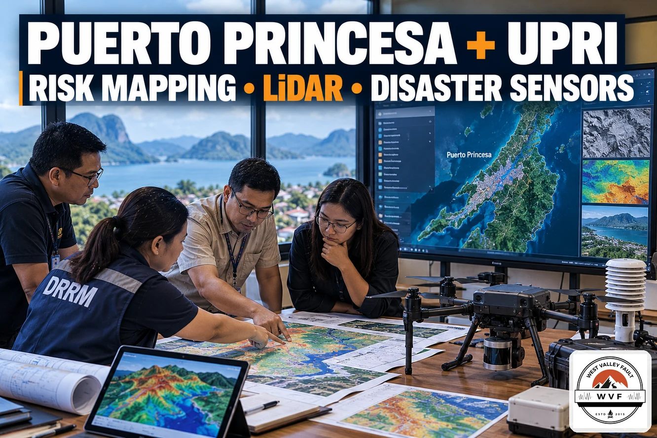 Editorial illustration of Puerto Princesa disaster-management officials and researchers reviewing terrain maps with a LiDAR-equipped drone and monitoring instruments, representing a proposed DRRM partnership with the UP Resilience Institute.